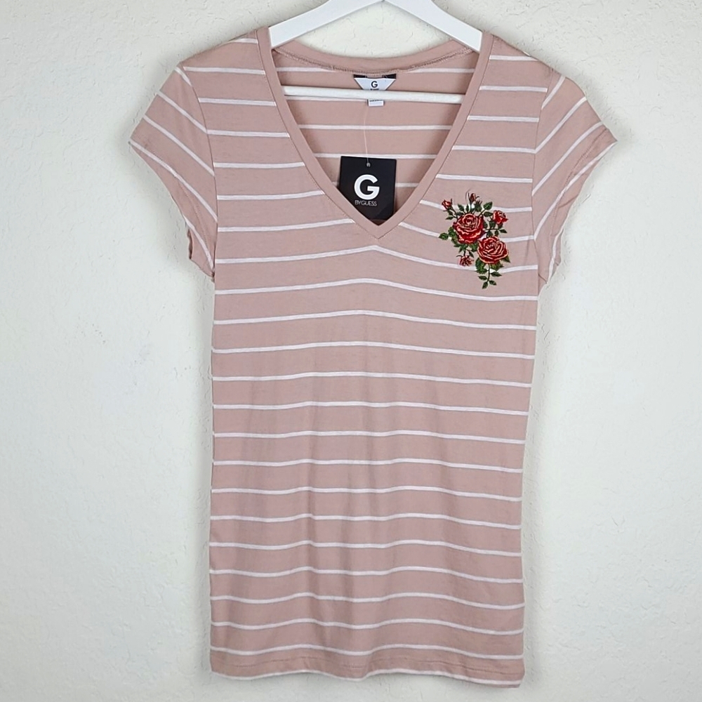 Guess Pink White Stripe Short Sleeve Top XS